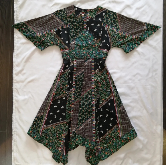 Vintage Union Made USA '70s Plaid and Floral Patchwork Midi Dress Cottage Small - Picture 11 of 17